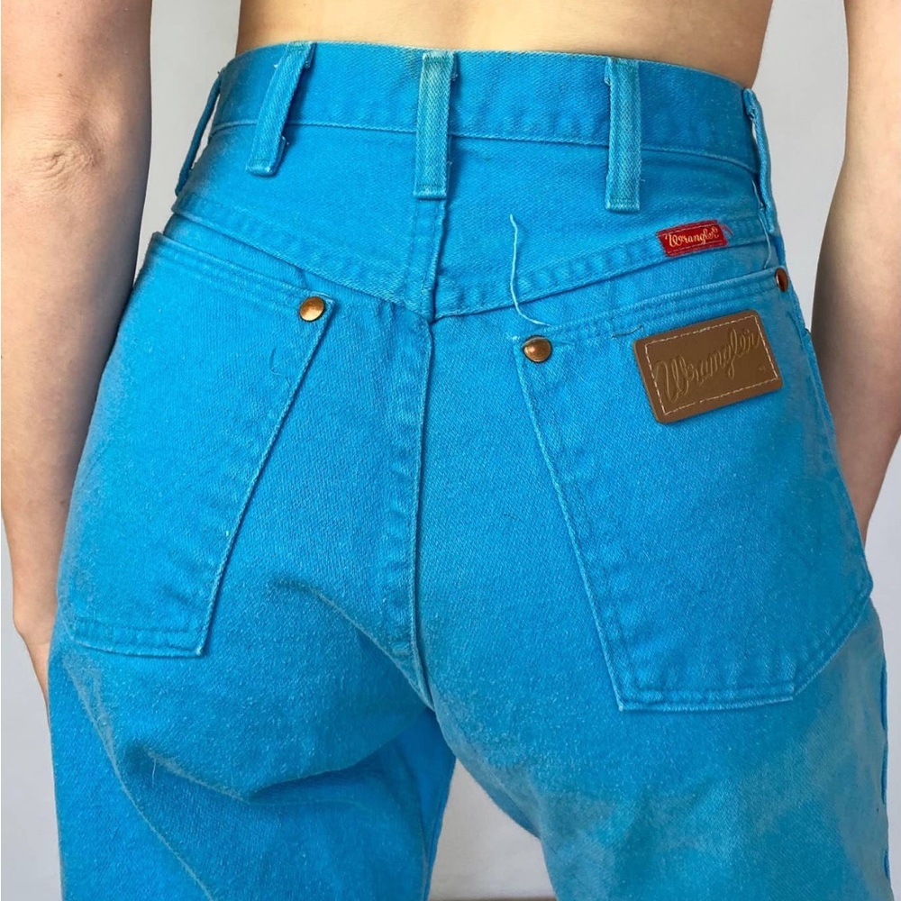 Vintage 80's Bright Turquoise Blue Denim Wrangler High Waisted Straight Jeans
